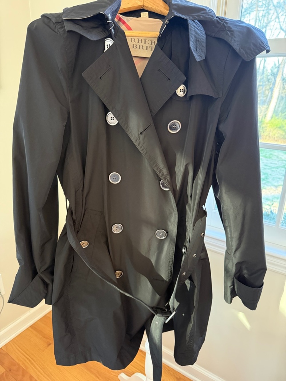BURBERRY BRIT Black Hooded Belted Trench Coat Size USA 10
